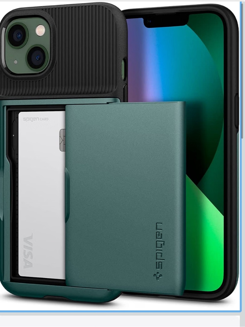 Spigen iPhone 13 Card Slot Case in Forest Green with Sliding Wallet